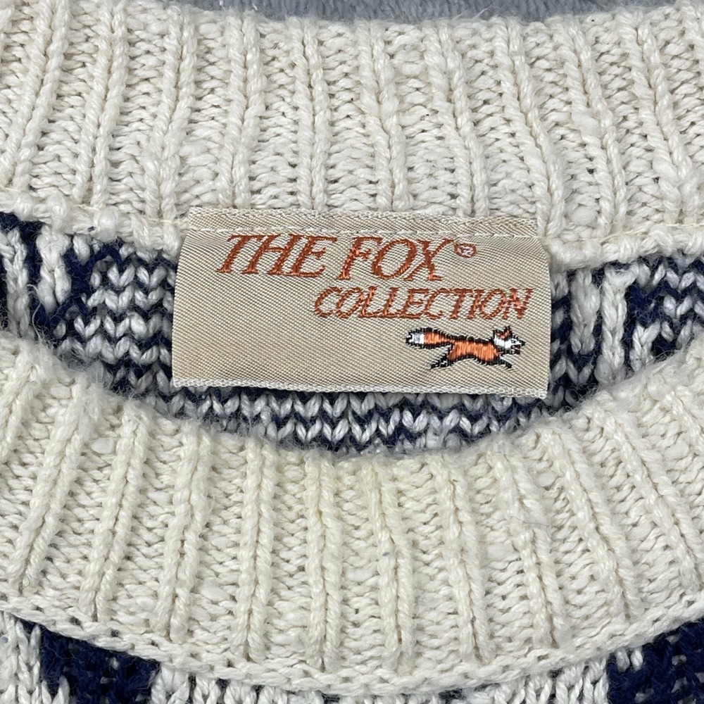 The Fox Collection Vintage Mens Large Diamond Knit Cotton Sweater Navy Cream USA - Picture 2 of 9